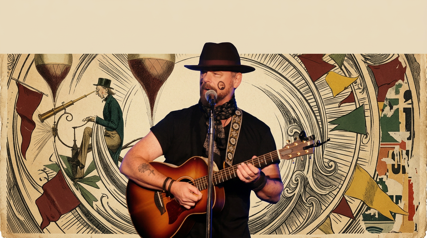 Rob Johnston performing with his guitar amid vintage French circus artwork